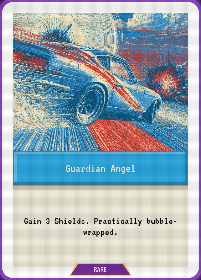 GUARDIAN ANGEL, a rare in-game card: a car gliding through hazards under a halo. Rules text: Gain 3 Shields. Practically bubble-wrapped.