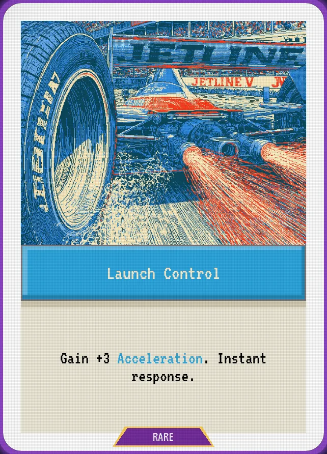 LAUNCH CONTROL, a real in-game card: a jet-engined dragster lighting its exhaust. Rules text: Gain +3 Acceleration. Instant response.